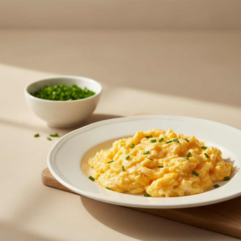 Nahaufnahme cremiges Rührei Schonkost auf schlichtem weißen Teller mit kleinem Schälchen Schnittlauch, minimalistischer Hintergrund #dbdbcf und dezente Akzente #a5cd8d