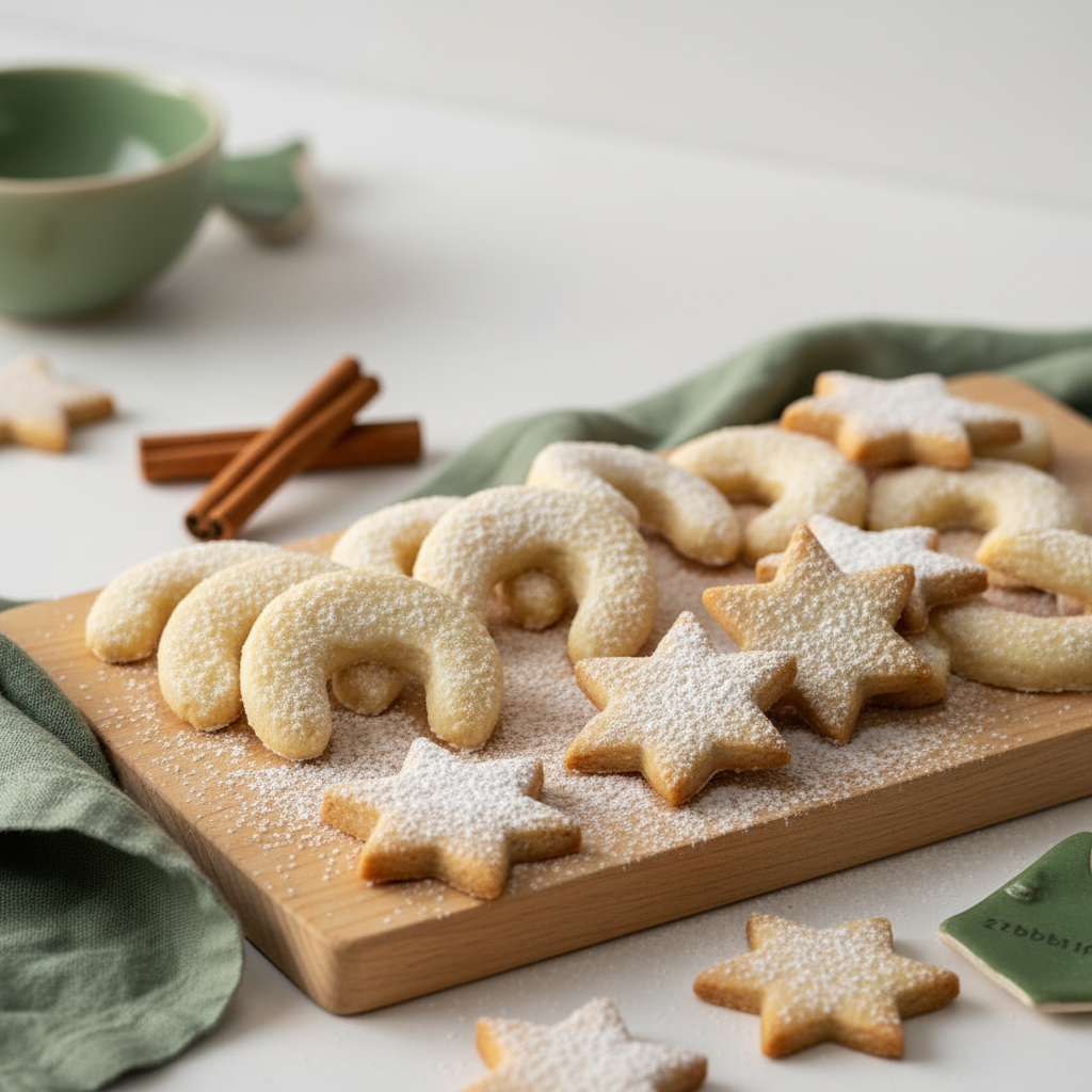 Nahaufnahme von Vanillekipferl, Zimtsternen und dekorierten Butterplätzchen auf Holzbrett in schlichtem, warmem Setting, Hintergrund #dbdbcf, Akzente #a5cd8d und #21431f