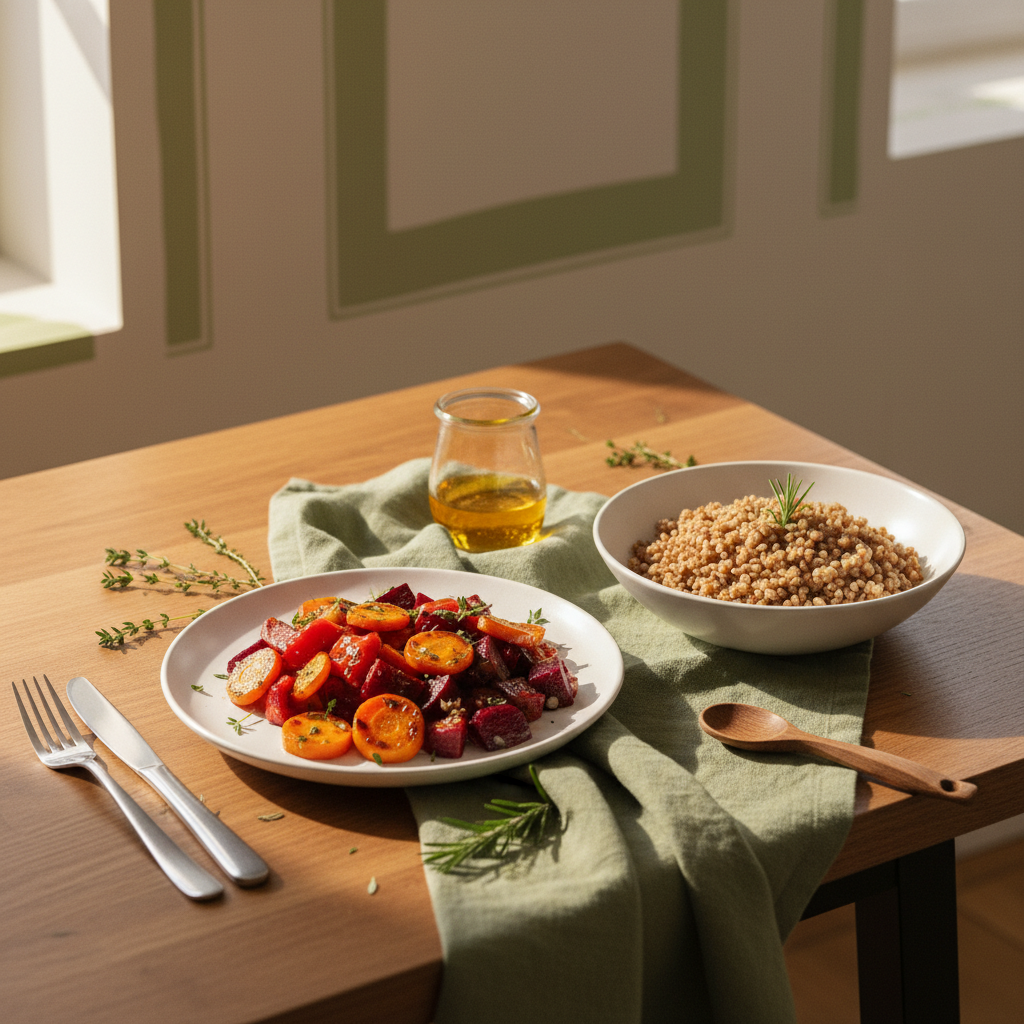 Minimalistische Vollbild-Tischszene mit geröstetem Gemüse, Körnern und kleinem Dressingglas auf Holz, dezente Markenfarben #dbdbcf und #a5cd8d – unbeliebteste Weihnachtsplätzchen