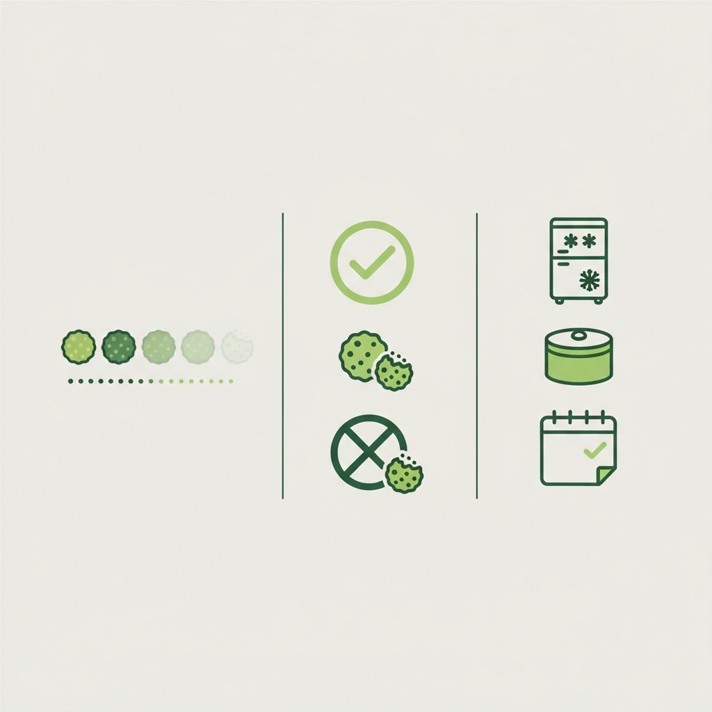 Minimalistische Vektorinfografik in Markenfarben zeigt Haltbarkeitsskala, Dos-and-Don&#39;ts und Symbole für Gefrierschrank, Dose und Datum — Welche Weihnachtsplätzchen halten sich am längsten