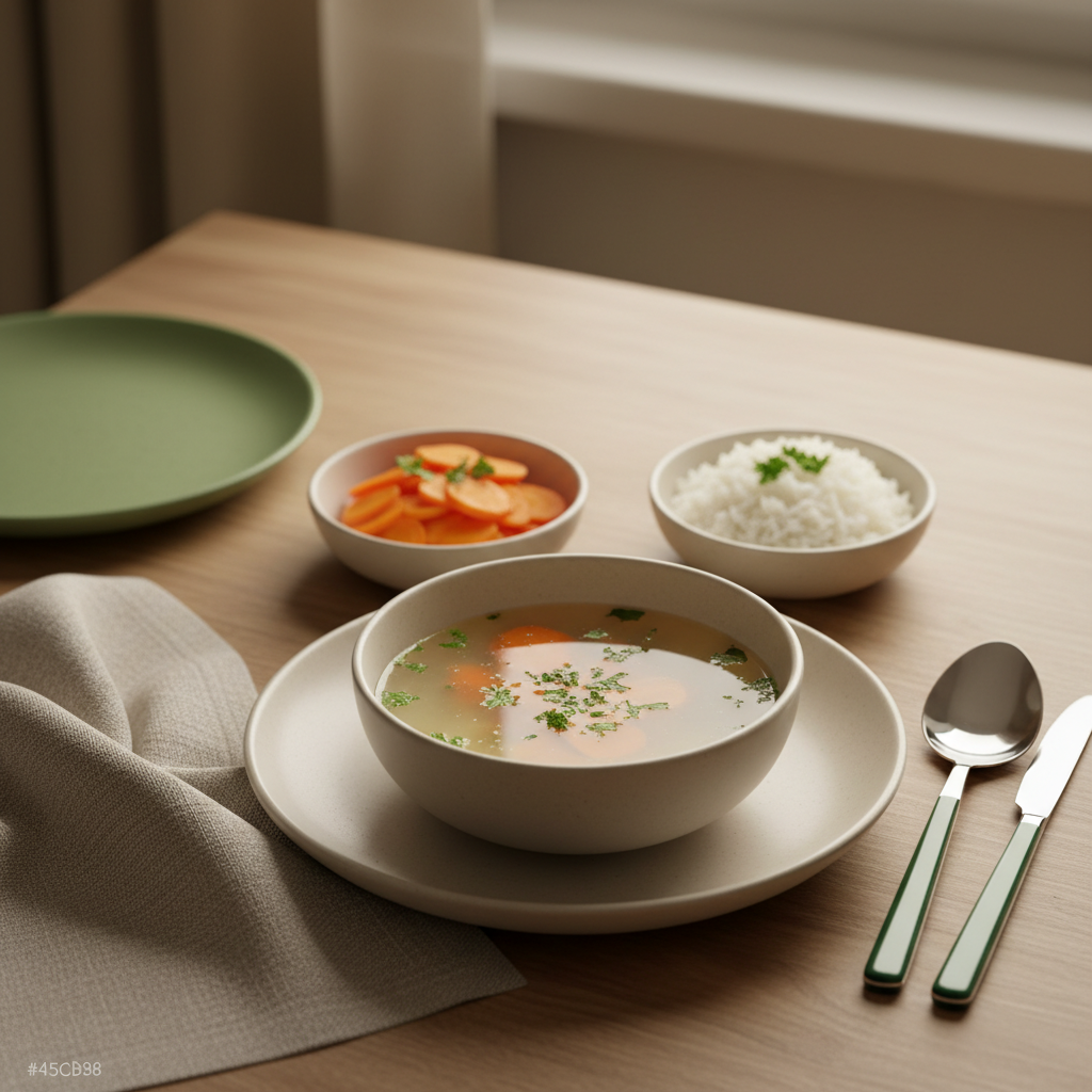 Vollbild eines heimeligen europäischen Tischarrangements mit milder Suppe, Reis und Karotten – geeignet bei Durchfall, warme Akzente #dbdbcf und #a5cd8d