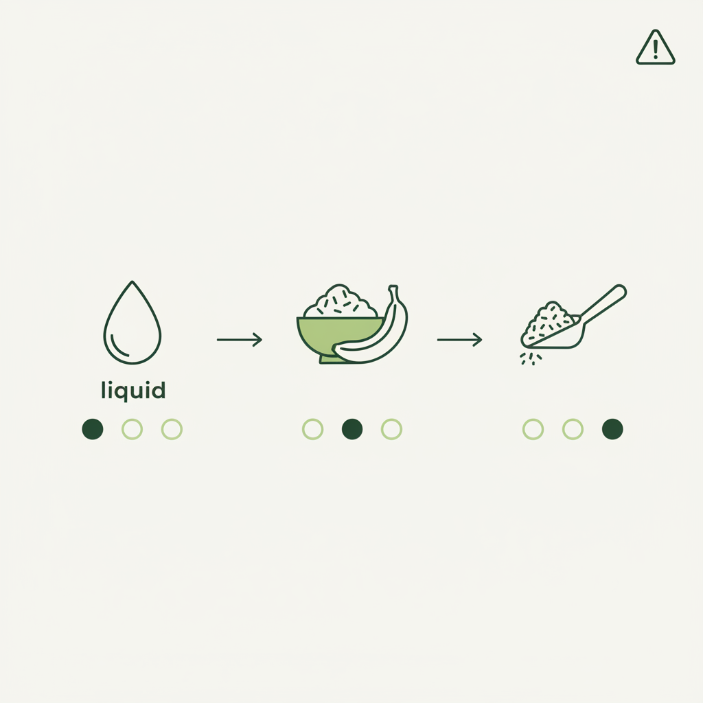 Minimalistische 2D-Vektor-Infografik mit Icons für Flüssigkeit, bindende Lebensmittel (Reis, Banane) und Psyllium sowie Warnsymbol – Stuhl festigen Hausmittel