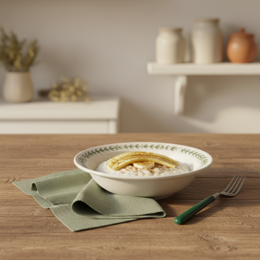 Schlichtes Küchenstillleben mit Reisbrei, Banane und Zimt auf rustikalem Tisch in warmem europäischen Stil, subtile ungarisch/rumänische Akzente — Stuhl festigen Hausmittel