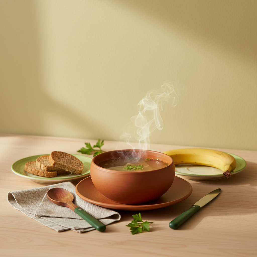 Minimalistische Küchenszene mit klarer Brühe, Zwieback und Banane auf Hintergrund #dbdbcf – Schonkost-Anordnung, bei Durchfall nicht trinken