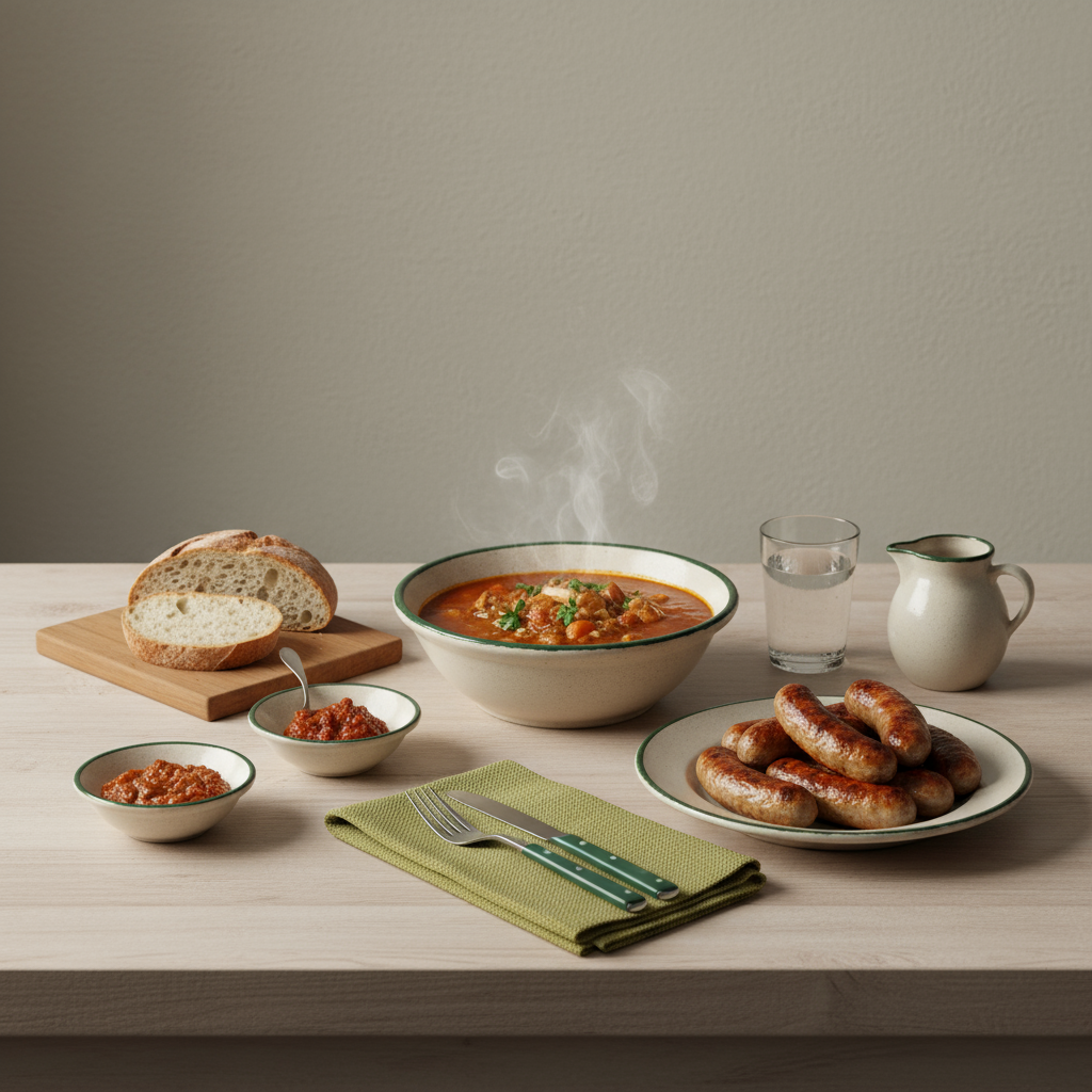 Minimalistisches, warmes Küchen-Stillleben mit ungarischen und rumänischen Gerichten auf sauberem Tisch, weiches Tageslicht, grüne Akzente #a5cd8d und dunkle Details #21431f – Bild zum Artikel über fußpilz