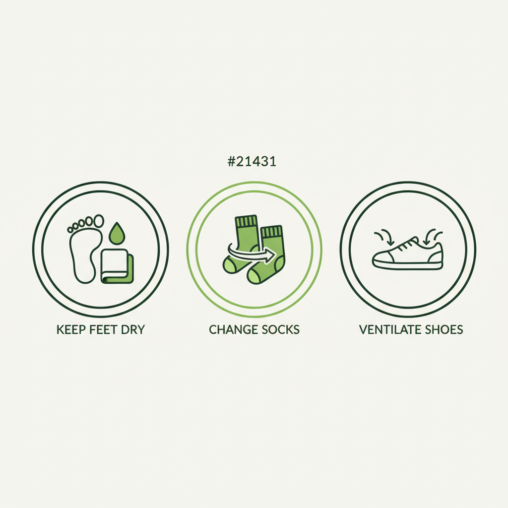 Minimalistische 2D-Vektor-Infografik zur Vorbeugung von Fußpilz mit drei Icons: Füße trocken, Sockenwechsel, Schuhe lüften im Schnell Lecker Farbstil.
