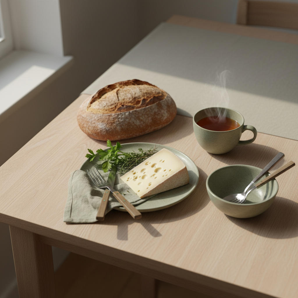 Symbolbild zum Thema Fußpilz: realistischer, minimalistischer Küchentisch mit Brot, Käse, Kräutern und Tee, warme Lichtstimmung, dezente Markenfarben