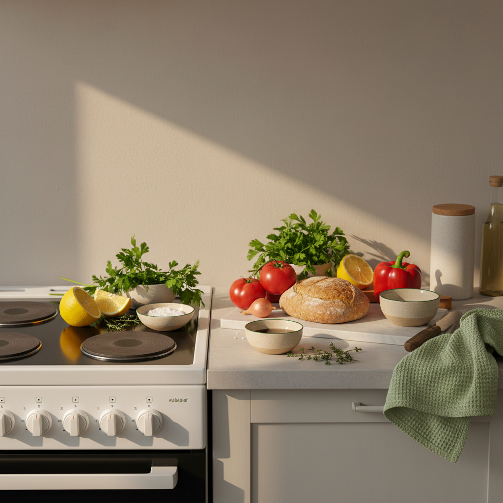 Heimelige, realistische Küchenszene mit aufgeräumtem Herd, Kräutern, Zitronen, Brot und Gemüse in Schnell Lecker Farbstil – Welche Hausmittel tötet Pilze ab?
