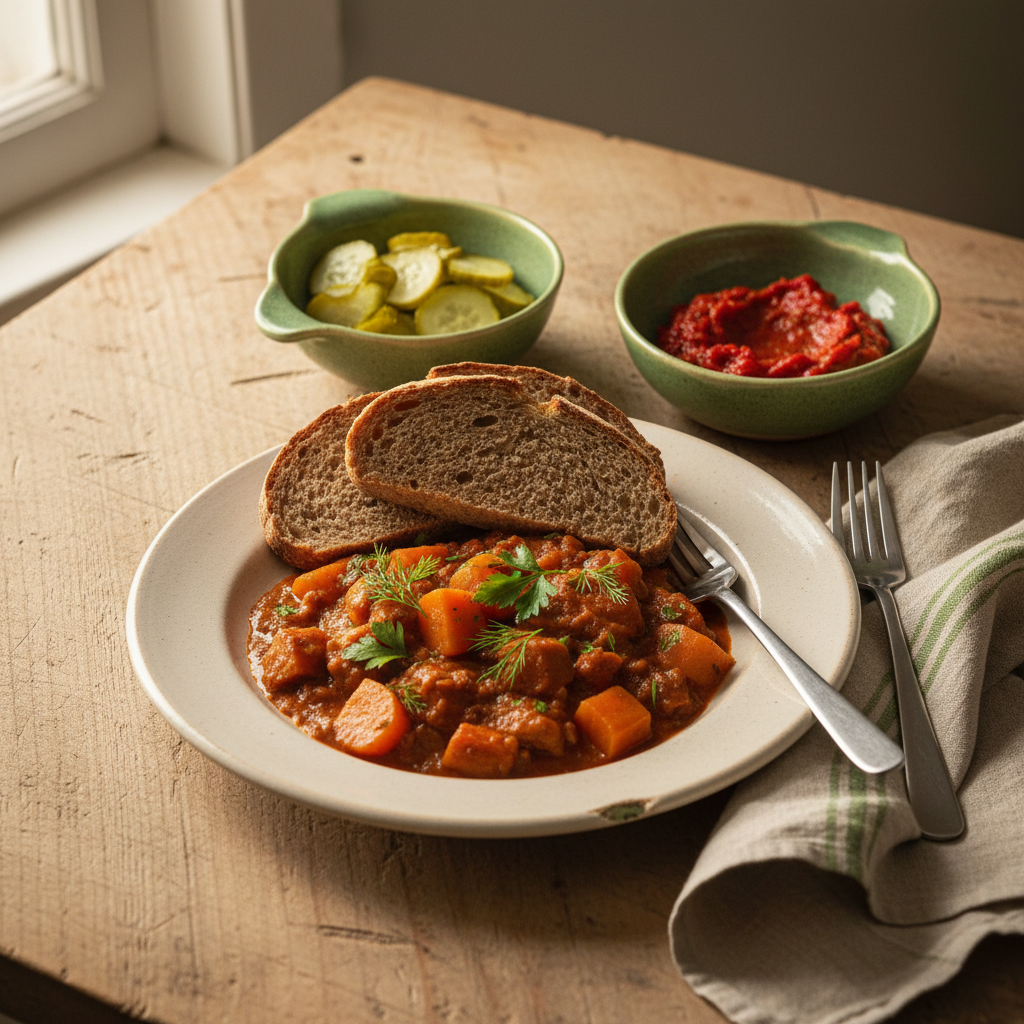 Rustikales, minimalistisches Essenstableau auf Holzbrettern mit Kräutern und Tellern in warmer Küche, Markenfarben #dbdbcf/#a5cd8d; Bild für Artikel zu Fußpilz.