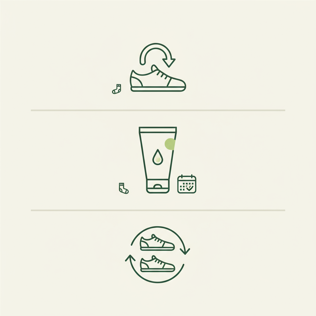 Minimalistische 2D-Vektor-Infografik mit Icons für Schuhentnahme, Cremeapplikation und Schuhrotation in Schnell Lecker Farben — stärkstes Mittel gegen Fußpilz