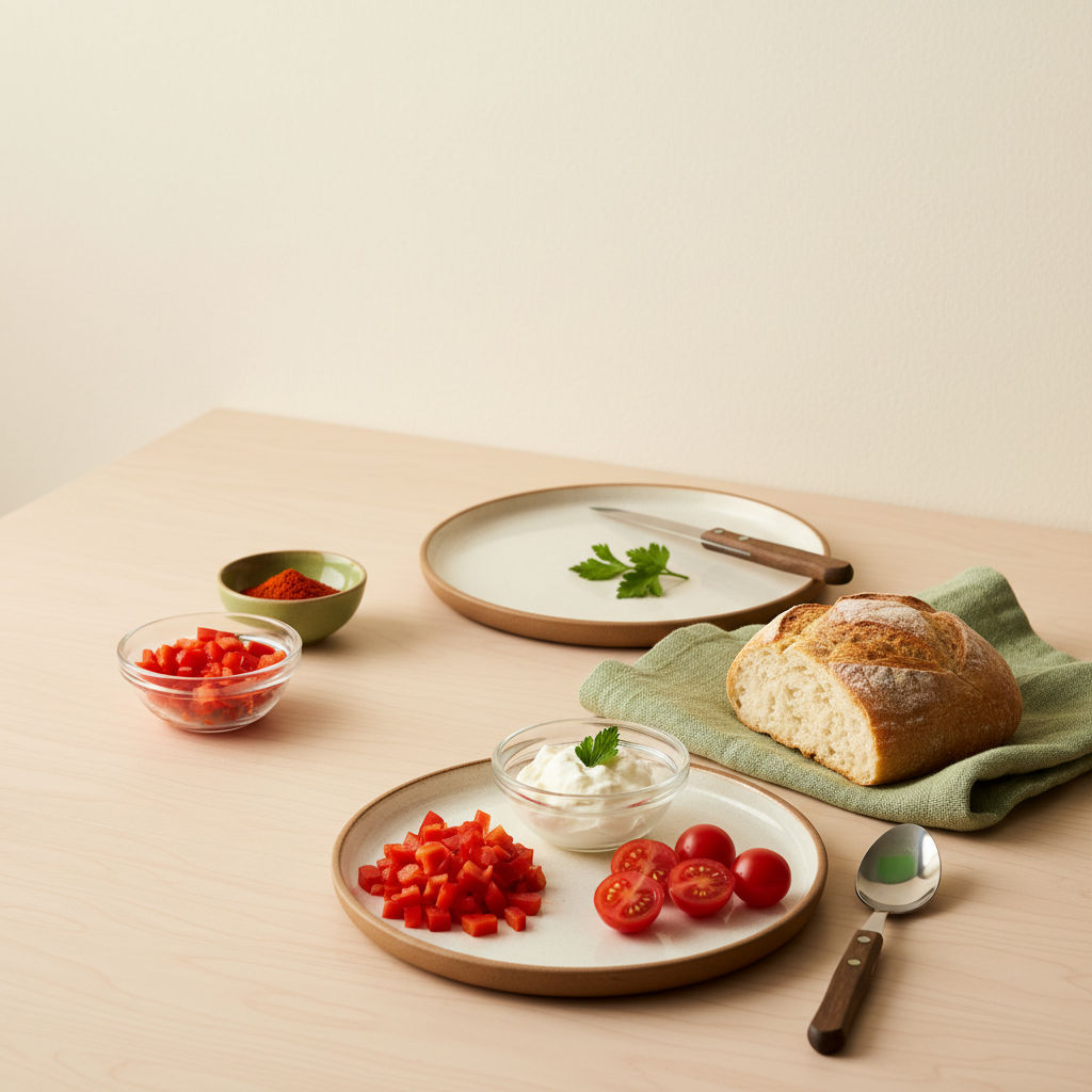 Minimalistische europäische Küche mit warmem Tischaufbau, frischen Zutaten und Markenfarben (#dbdbcf, #a5cd8d, #21431f) – stärkstes Mittel gegen Fußpilz