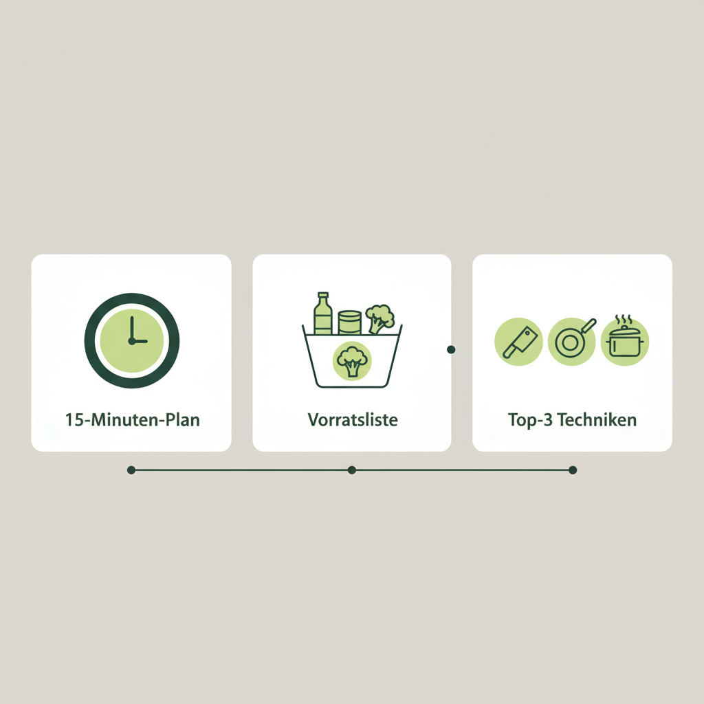 Minimalistische 2D-Infografik zum schnell kochen: drei Icons für 15‑Minuten‑Plan, Vorratsliste und Top‑3 Techniken in Brand-Farben #dbdbcf/#a5cd8d/#21431f ohne Text.