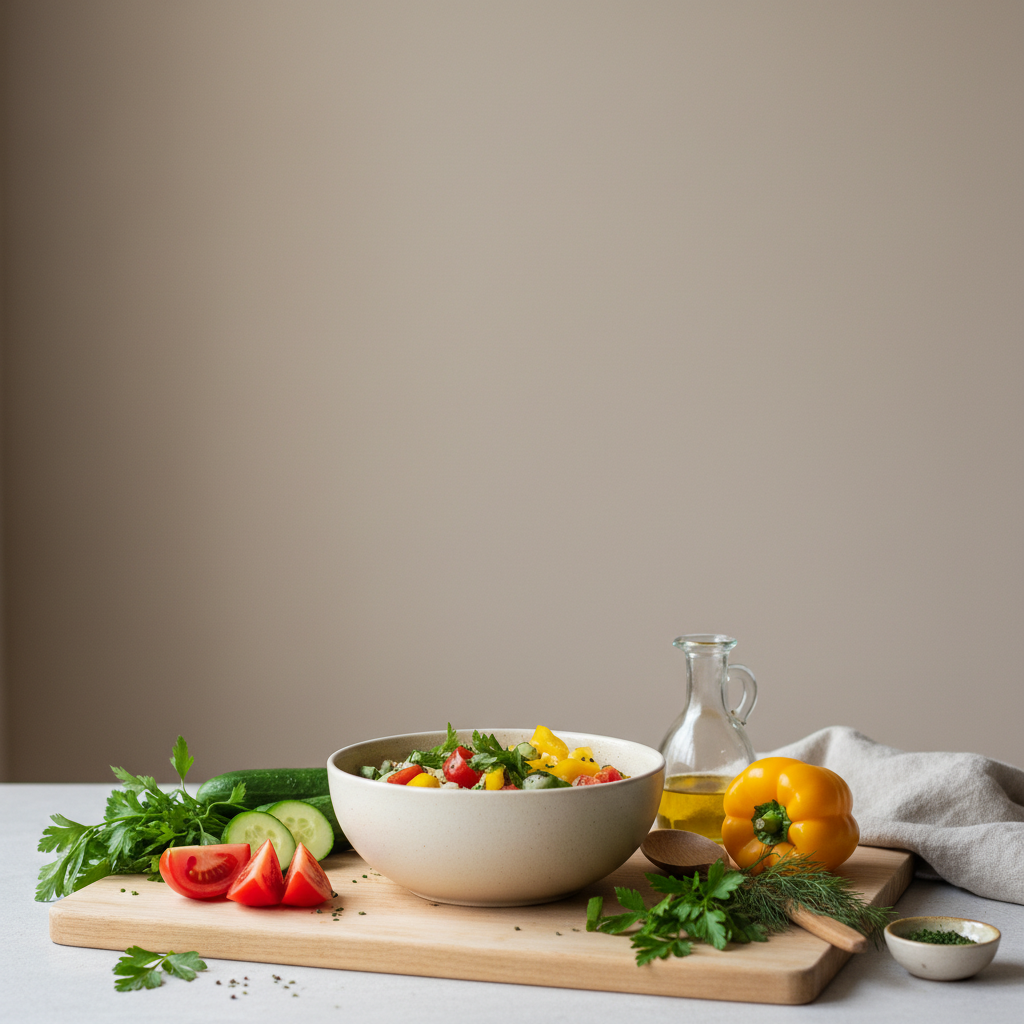Heimelige Bowl mit frischem Gemüse, Kräutern und Olivenöl vor dezentem #dbdbcf Hintergrund – minimalistisches, aufgeräumtes Arrangement, ideal für schnell kochen.