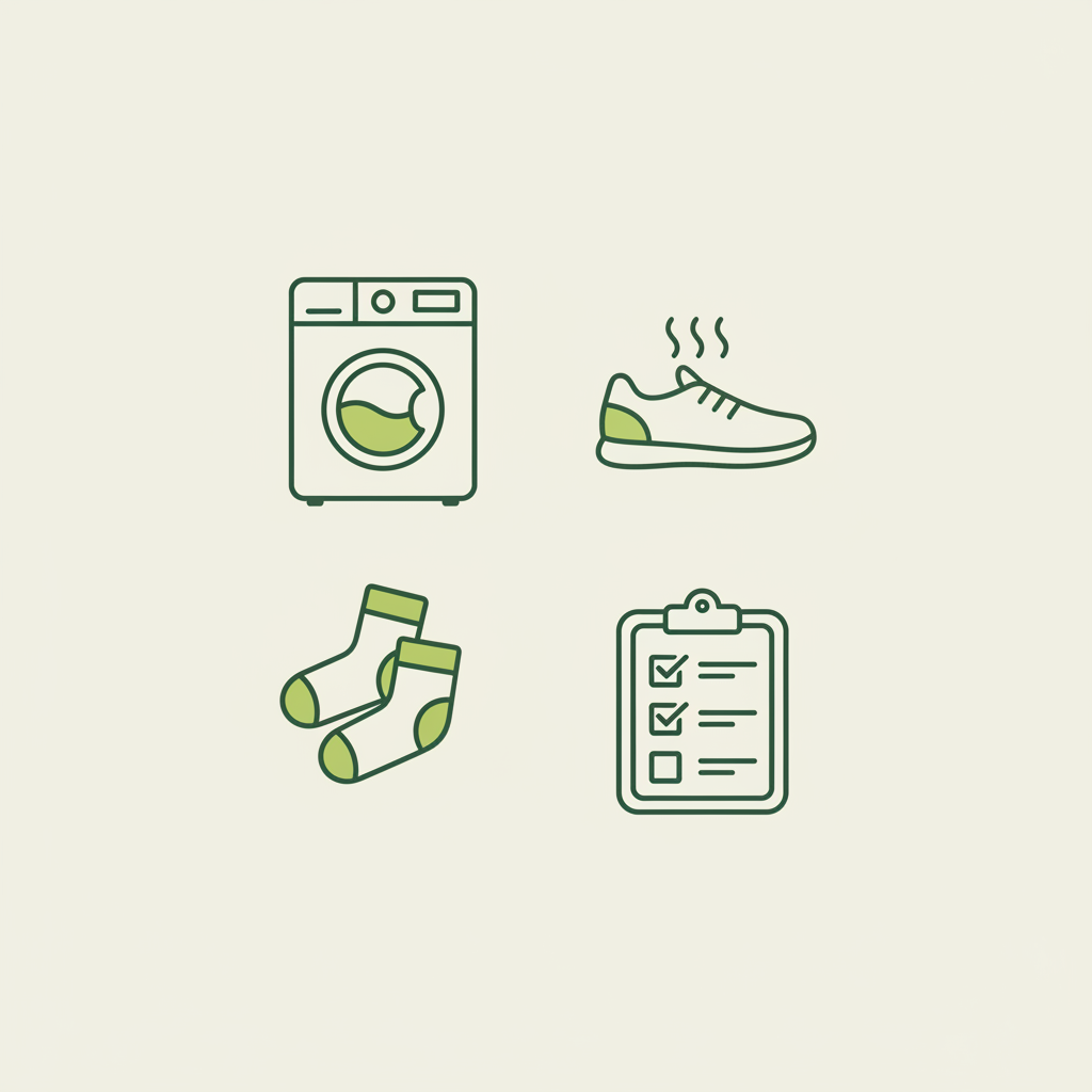 Minimalistische Vektor-Infografik mit Icons (Waschmaschine mit Hitze-Wellen, Schuh mit Wärmelinien, Socken, Checkliste) zur Vorbeugung von Fußpilz