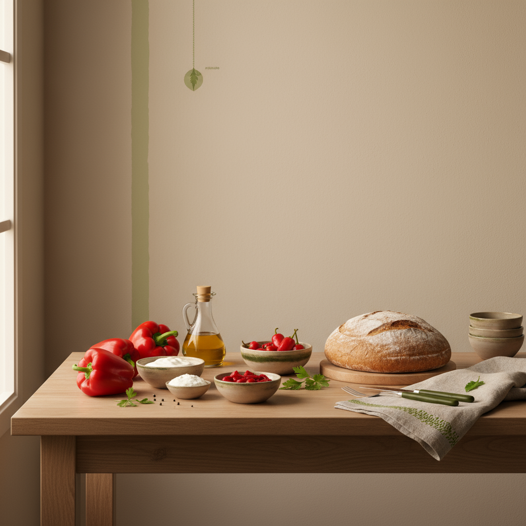 Minimalistische europäische Küchenaufnahme mit ungarischen und rumänischen Speisen, warmes Fensterlicht und dezente grüne Akzente – Bild für Artikel über Fußpilz