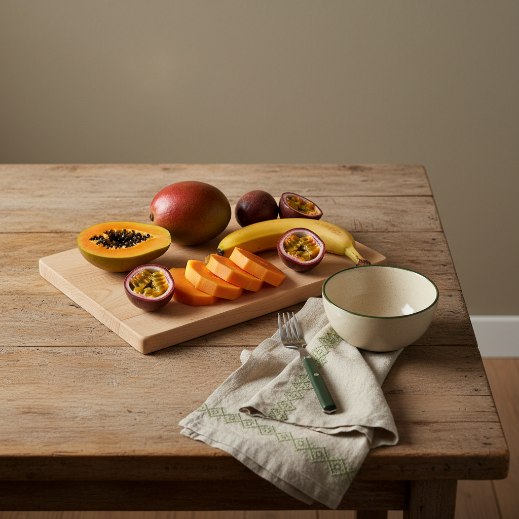 Südfrüchte (Mango, Papaya, Banane, Passionsfrucht) ordentlich auf Holzbrett in minimalistischer, warmer europäischer Küche mit ungarisch-rumänischem Akzent.
