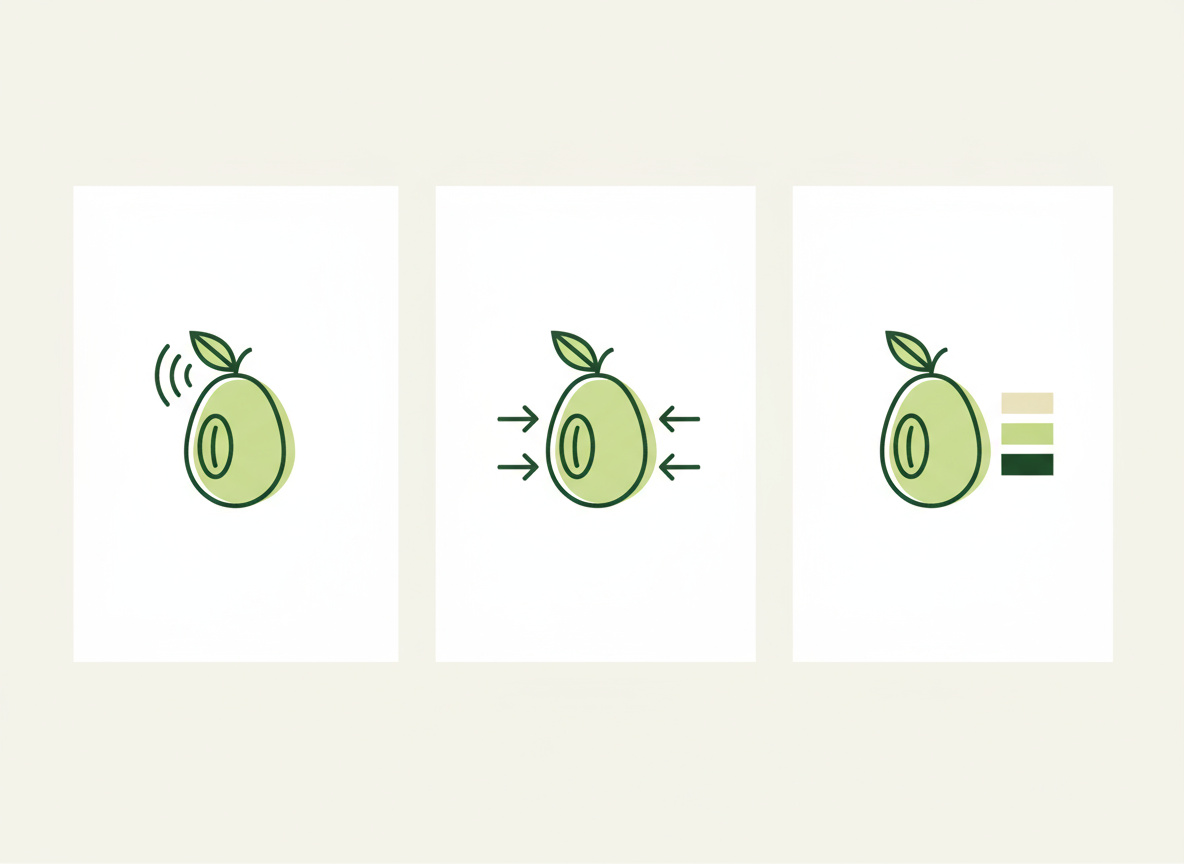 Minimalistische 2D-Vektor-Infografik mit drei Icons für Reifetests (Duft, Druck, Farbe) bei exotischen Früchten im Supermarkt in den Markenfarben von Schnell Lecker.