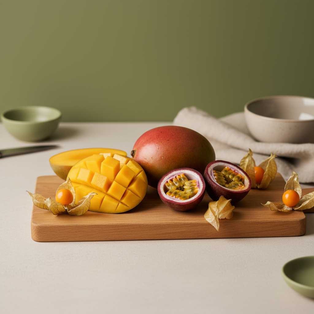 Holzbrett mit Mango, aufgeschnittener Passionsfrucht und Physalis – heimelige, minimalistische Präsentation exotische Früchte im Supermarkt vor #dbdbcf Hintergrund