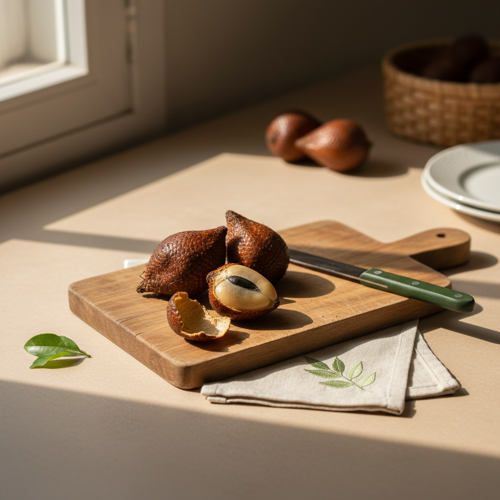 Nahaufnahme von geschälten und ungeschälten Salak auf rustikalem Holzbrett vor hellem Hintergrund #dbdbcf mit dezenten grünen Akzenten.