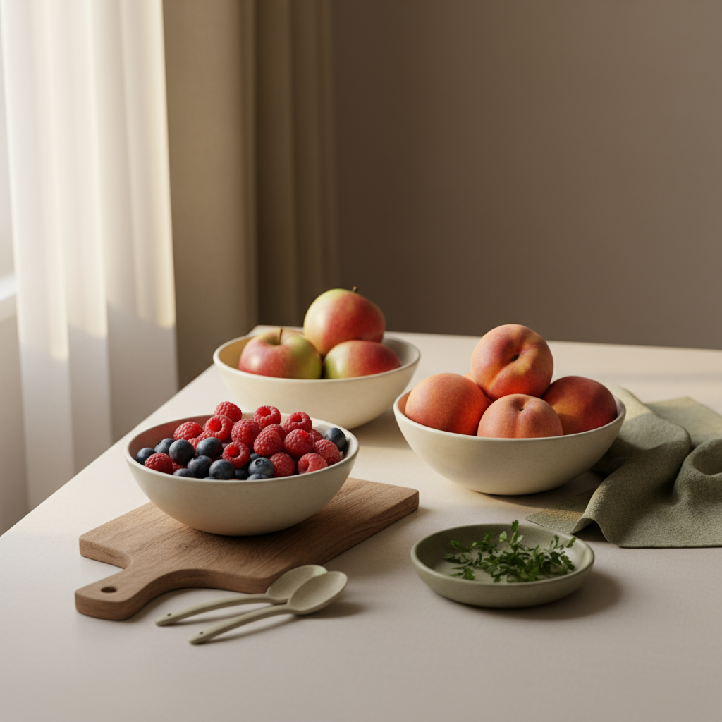 Verschiedene Obstarten in minimalistischen Keramikschalen vor hellbeigem Hintergrund #dbdbcf mit dezenten grünen Akzenten #a5cd8d und warmem natürlichem Licht.