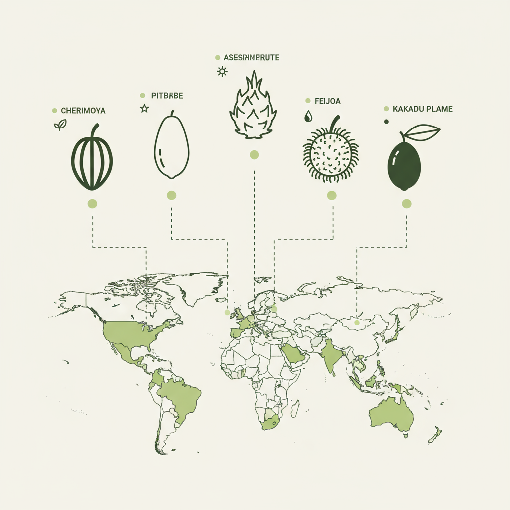 Minimalistische 2D‑Vektor‑Infografik mit Silhouetten seltener Obstsorten und kleiner Herkunftskarte im Schnell Lecker Farbstil (#dbdbcf, #a5cd8d, #21431f)