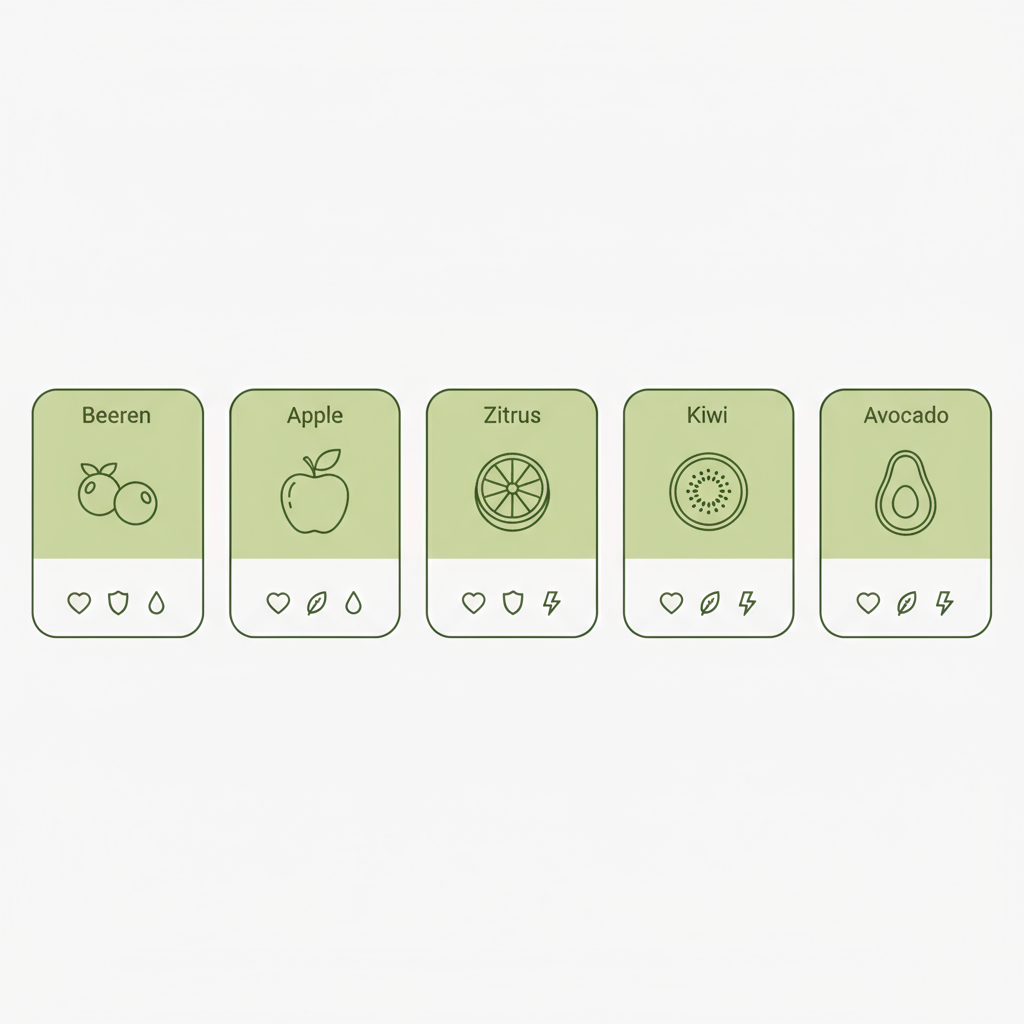 Minimalistische 2D-Vektor-Infografik mit Icons für Beeren, Apfel, Zitrus, Kiwi und Avocado sowie kleinen Benefit-Piktogrammen zur Darstellung gesündeste Obstsorten