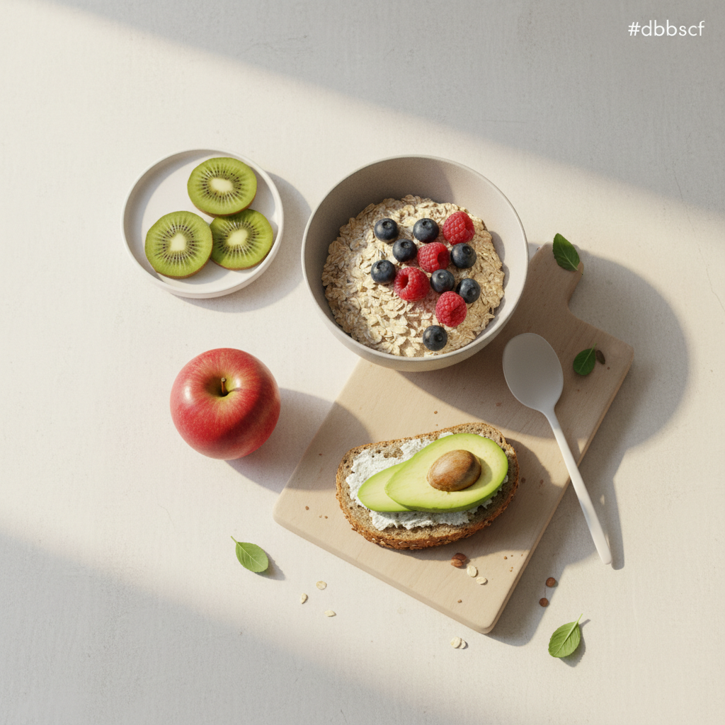 Vollbild Frühstück mit Haferbrei, Beeren, geschnittener Kiwi, Apfel und Avocado-Toast – gesündeste Obstsorten in minimalistischem europäischen Stil.