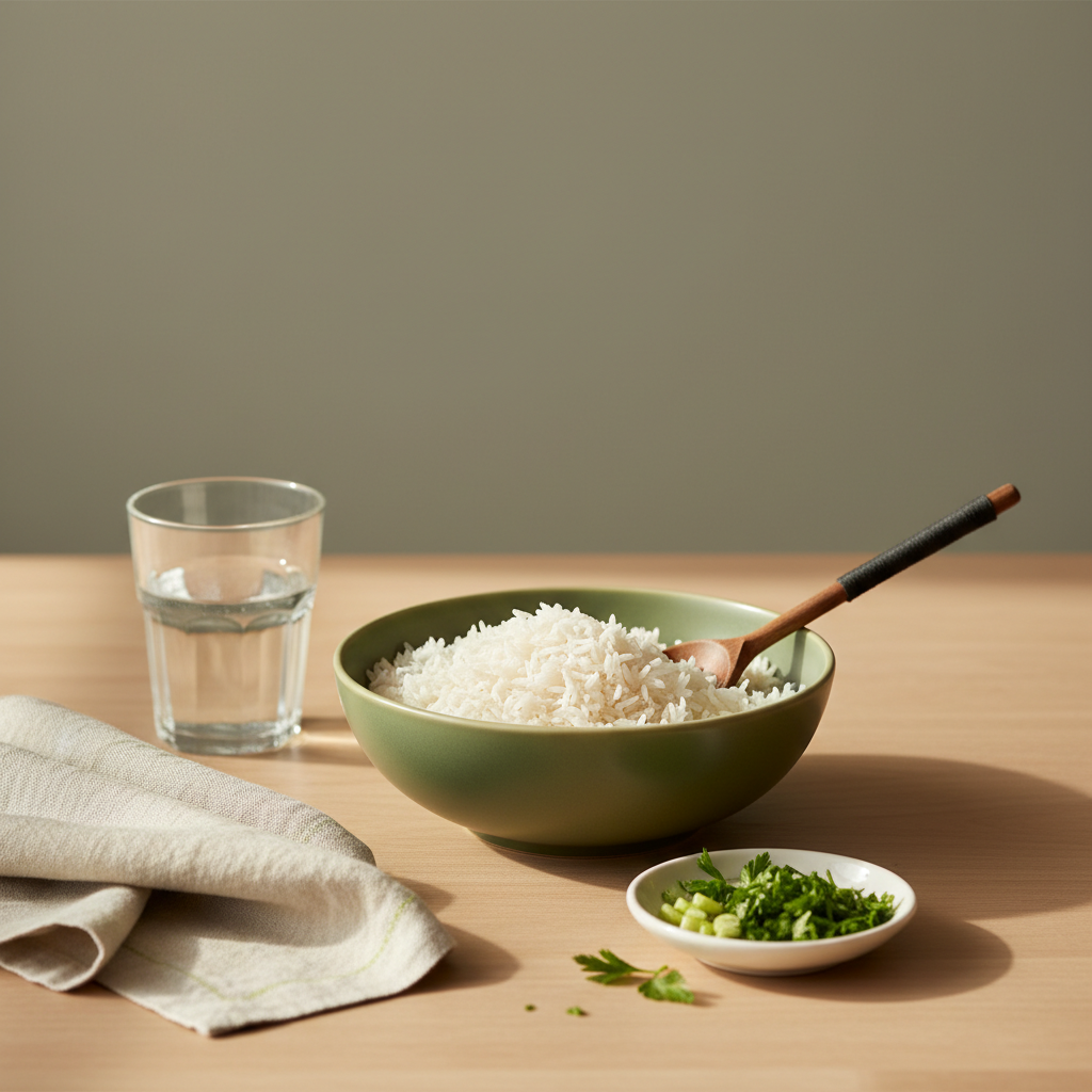 Schale mit frisch gekochtem Reis auf hellem Hintergrund (#dbdbcf), dezente grüne Akzente (#a5cd8d) – Bild für Reis kochen.