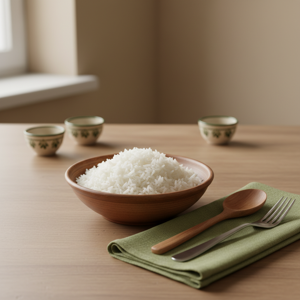 Wie koche ich Reis im Wasser? Heimelige europäische Küchenszene: Full-Frame-Schüssel mit frisch gegartem Reis, schlichtes Besteck, Leinenserviette in #a5cd8d, Hintergrund #dbdbcf