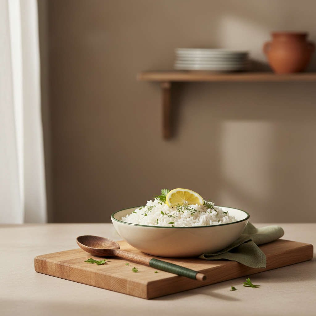 Schlichte Fullframe-Aufnahme einer Keramikschale mit perfekt gekochtem Reis, Zitronenschnitz und frischen Kräutern auf rustikalem Holz, warmes Licht, Reis kochen