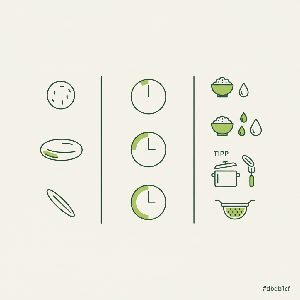 Minimalistische Vektor-Infografik zu Reis kochen mit Reissorten, Kochzeiten, Wasser‑Reis‑Verhältnissen und visuellen Tipps in Schnell Lecker Farben.