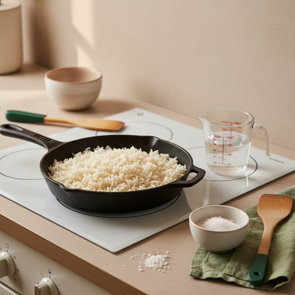 Reis in der Pfanne kochen – Fotorealistische Vollbildaufnahme mit Pfanne Reis auf dem Herd, Messbecher mit Wasser, kleine Schale Salz und natürliche Holz- und Keramiktexturen.