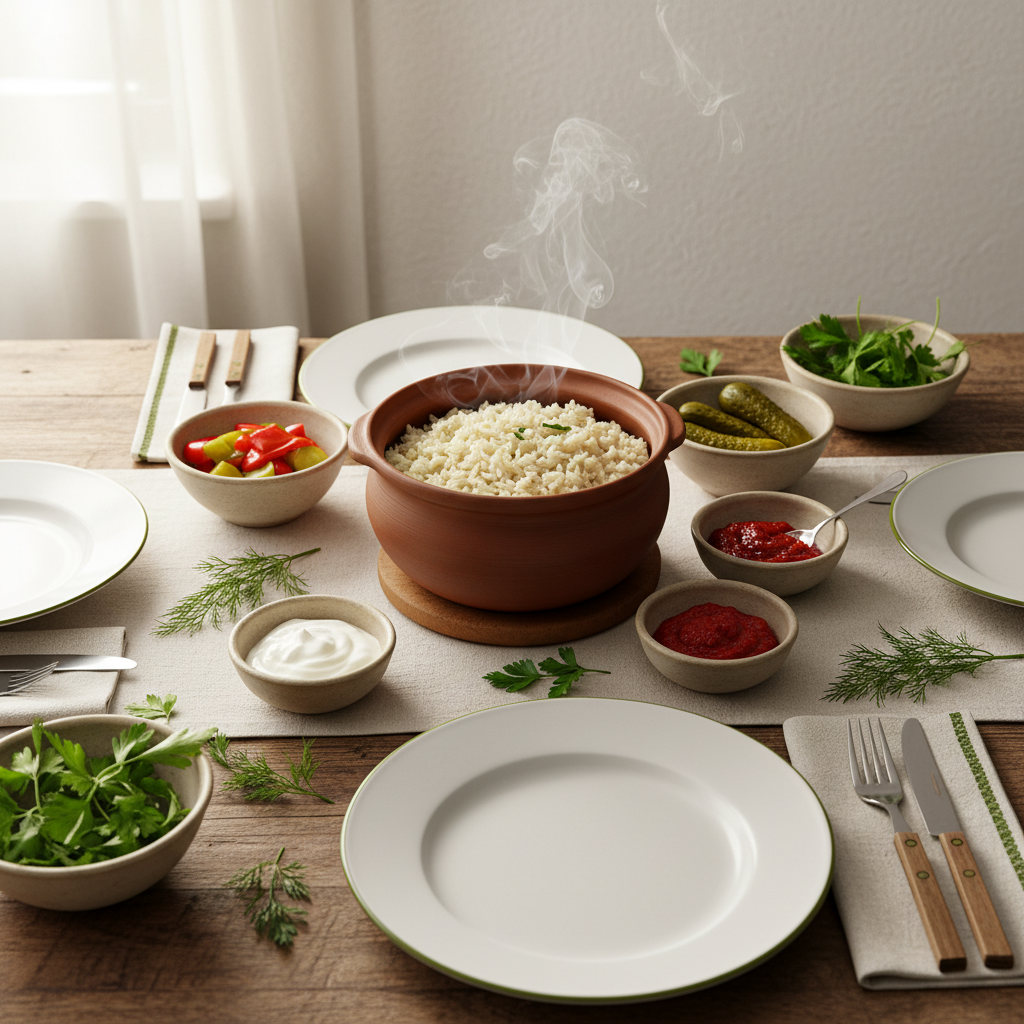 Quellmethode Reis: Vollbild mit dampfendem Reistopf auf Holztisch, kleinen Beilagen und Kräutern, minimalistisches Layout, Hintergrund #dbdbcf, Akzente #a5cd8d.