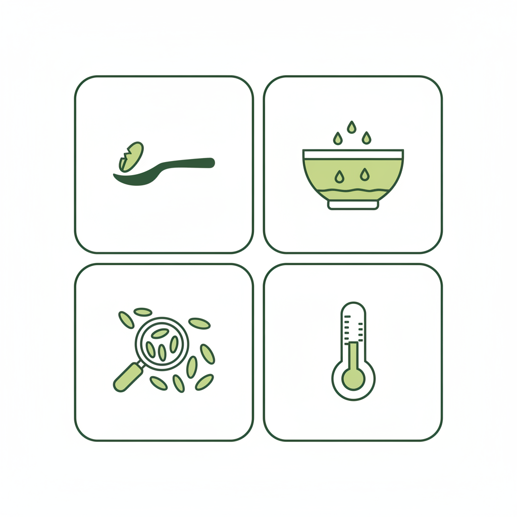 Minimalistische 2D-Vektor-Infografik mit vier Icons, die Methoden zum Reis gar erkennen zeigen: Bissprobe, Wasserreste, Körnerstruktur, Kerntemperatur in Markenfarben.