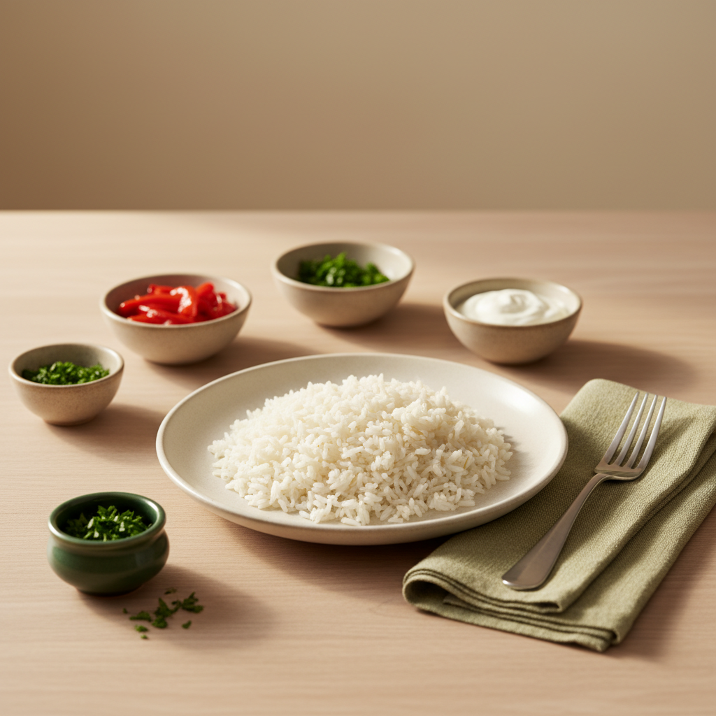 Teller mit perfekt gegartem Reis, Gabel und kleinen Schälchen in minimalistischem, heimischem Setting – Reis gar erkennen