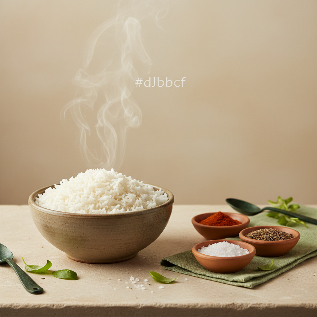 Dampfender Reis in rustikaler Schale mit kleinen Gewürzschälchen – Reismenge für 2 Personen in warmem, minimalistischen Küchen-Setup (Hintergrund #dbdbcf, Akzente #a5cd8d).