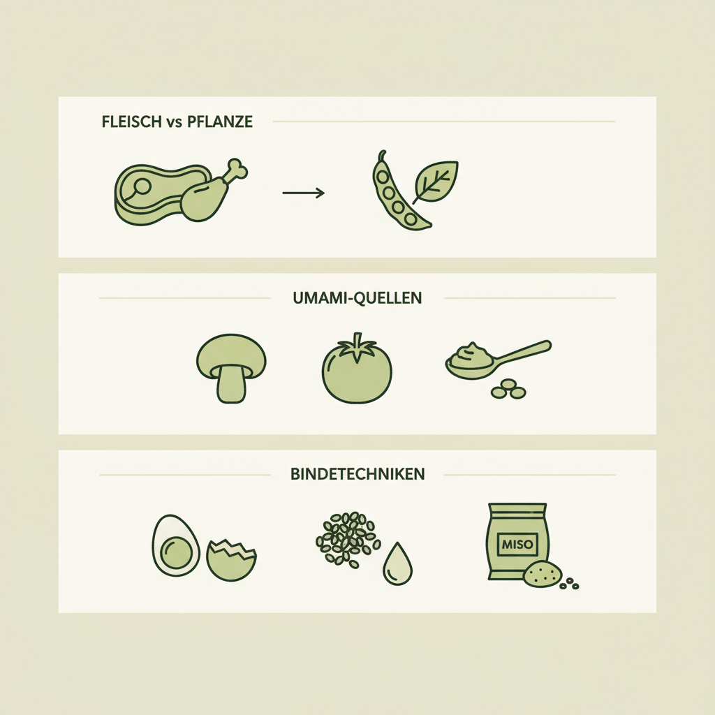 Minimalistische 2D-Vektor-Infografik zu Chili con Carne und Sin Carne: drei Bereiche mit Icons zu Fleisch vs Pflanze, Umami-Quellen und Bindetechniken in Schnell Lecker Farben.