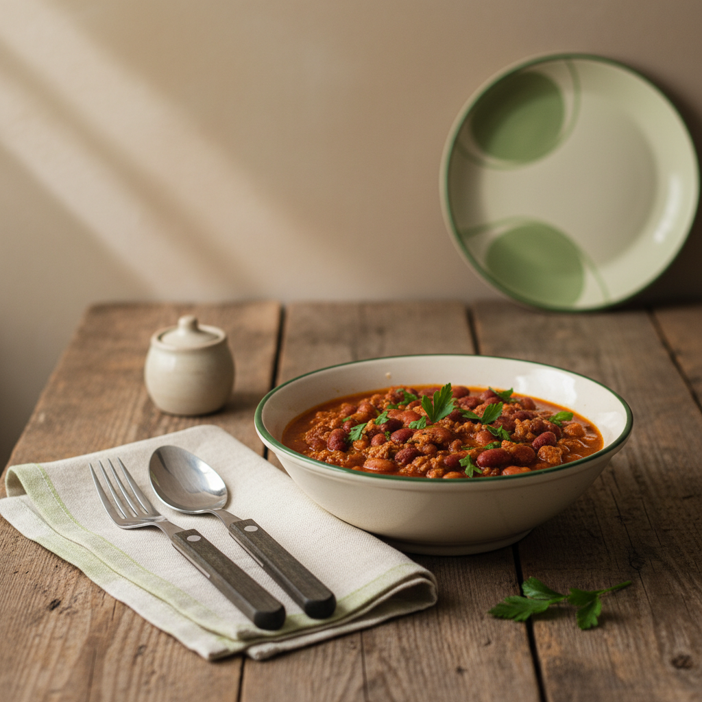 Warme Schüssel Chili auf rustikalem Holztisch mit Kräutern und Leinenserviette in #a5cd8d vor neutralem Hintergrund #dbdbcf – Chili con Carne und Sin Carne in minimalistischer heimeliger Küchenszene