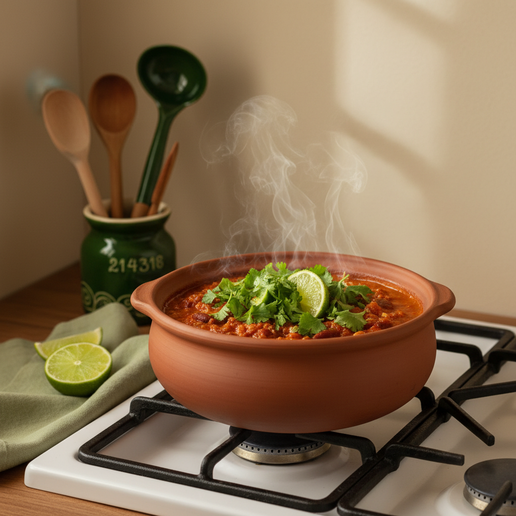 Nahaufnahme eines Topfs mit Chili sin Carne Zutaten auf dem Herd, garniert mit Koriander und Limetten, warme minimalistische europäische Küche in Schnell Lecker Farbtönen.