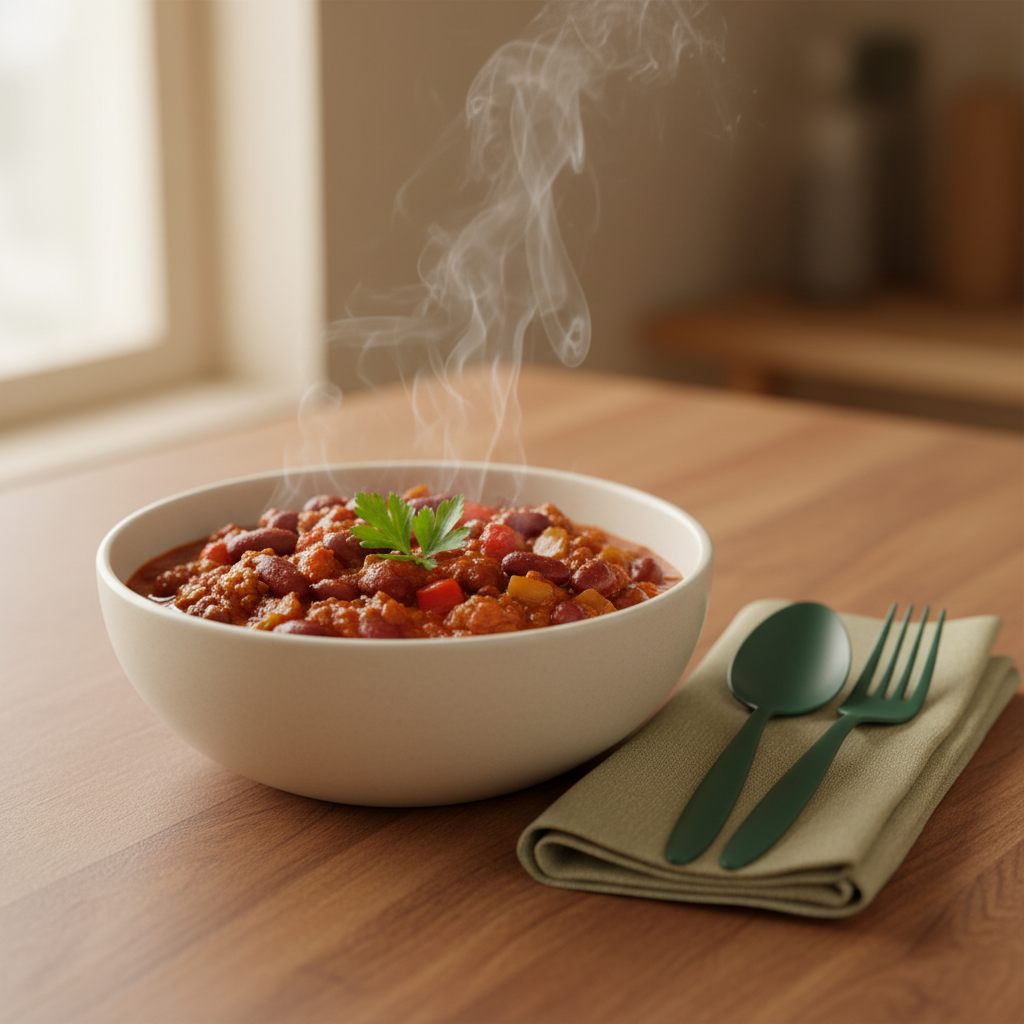 Nahaufnahme einer dampfenden Schüssel Chili sin Carne auf hölzernem Tisch, warme europäische Atmosphäre, Hintergrund #dbdbcf, Akzente #a5cd8d und #21431f