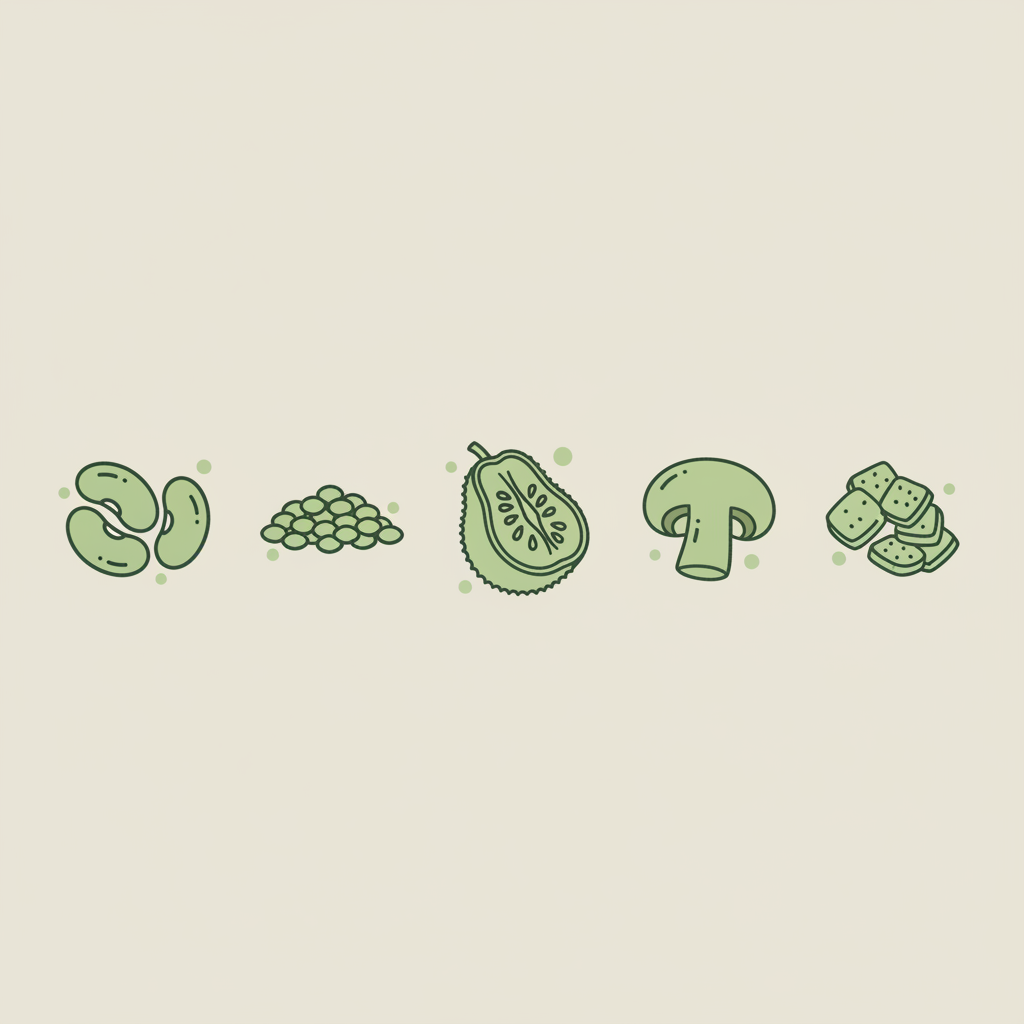 Vektor-Infografik zu sin carne Proteinquellen: fünf minimalistische Icons (Bohnen, Linsen, Jackfruit, Pilz, TVP) in Schnell-Lecker-Farben, cleanes Layout.