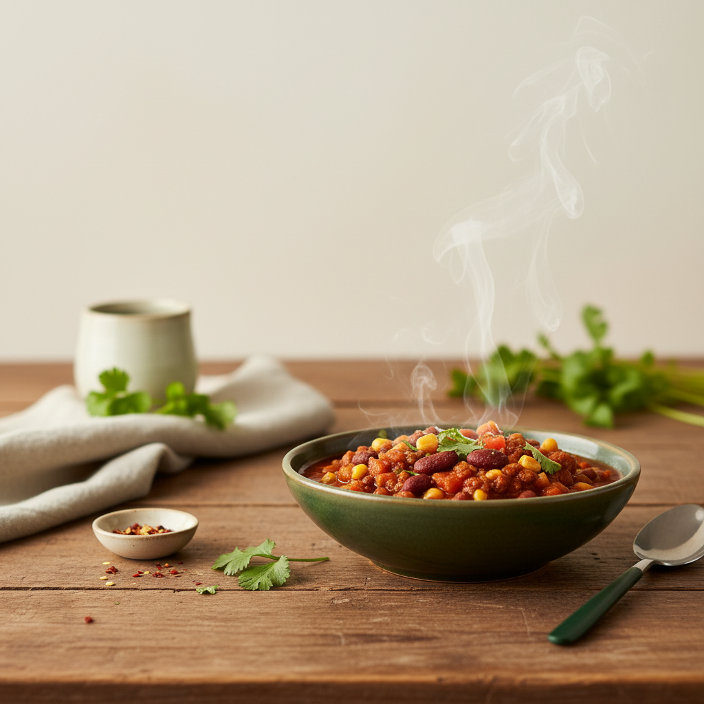 Nahaufnahme einer herzhaften Chili sin carne in einer Schüssel auf rustikalem Holztisch, warmer Lichtstimmung und dampfender Oberfläche, minimalistisches europäisches Setting.