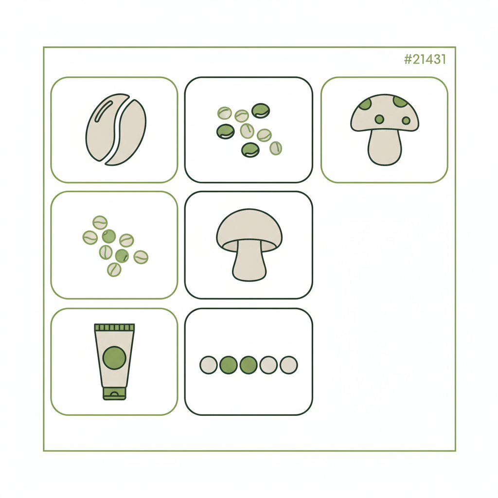 Minimalistische 2D-Vektor-Infografik mit Bohne, Linsen, Pilz, Tomatenmark und Umami-Skala in Schnell Lecker Farben für sin carne Zutatenübersicht.