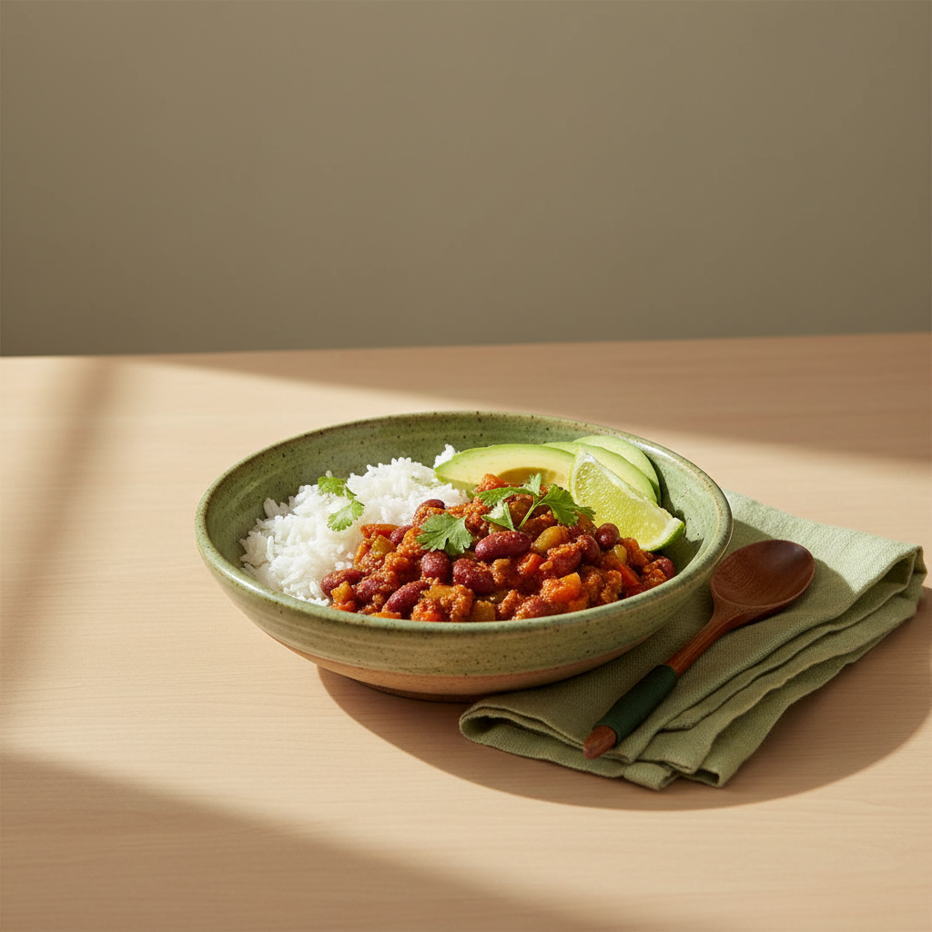 Chili sin Carne in Keramikschale mit Reis, Avocado, Limette und Koriander auf #dbdbcf Hintergrund, minimalistische warme europäische Tischszene