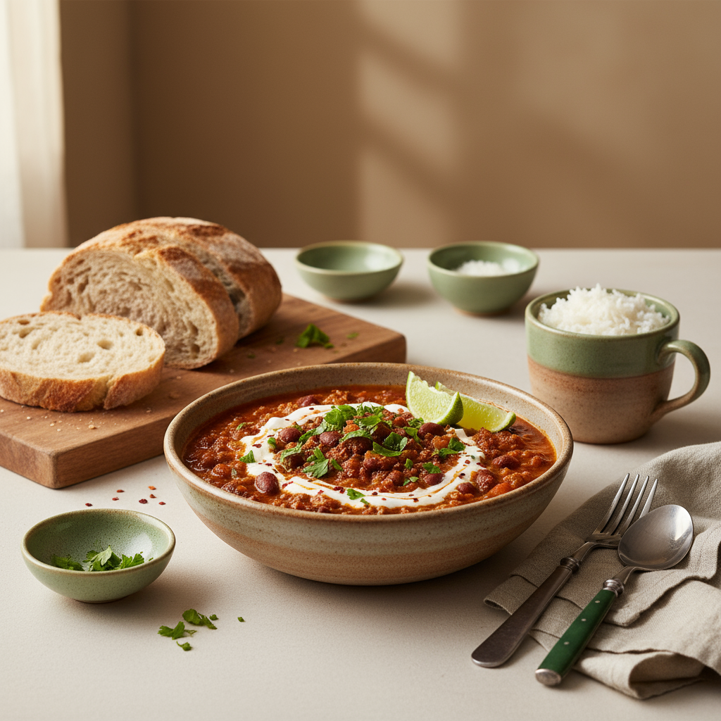 Wie viel Chili con Carne pro Person – Vollbild eines heimeligen Tisches mit großer Schüssel Chili con Carne, Reis, Brot und dezenten Markenfarben (#dbdbcf, #a5cd8d, #21431f)