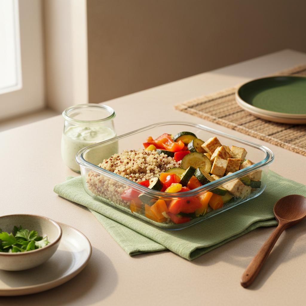 Lunchbox Ideen: Nahaufnahme einer minimalistischen Lunchbox mit Quinoa, geröstetem Gemüse, Tofu und kleinem Glas Dressing auf hellem Tisch in warmer, europäischer Küche.
