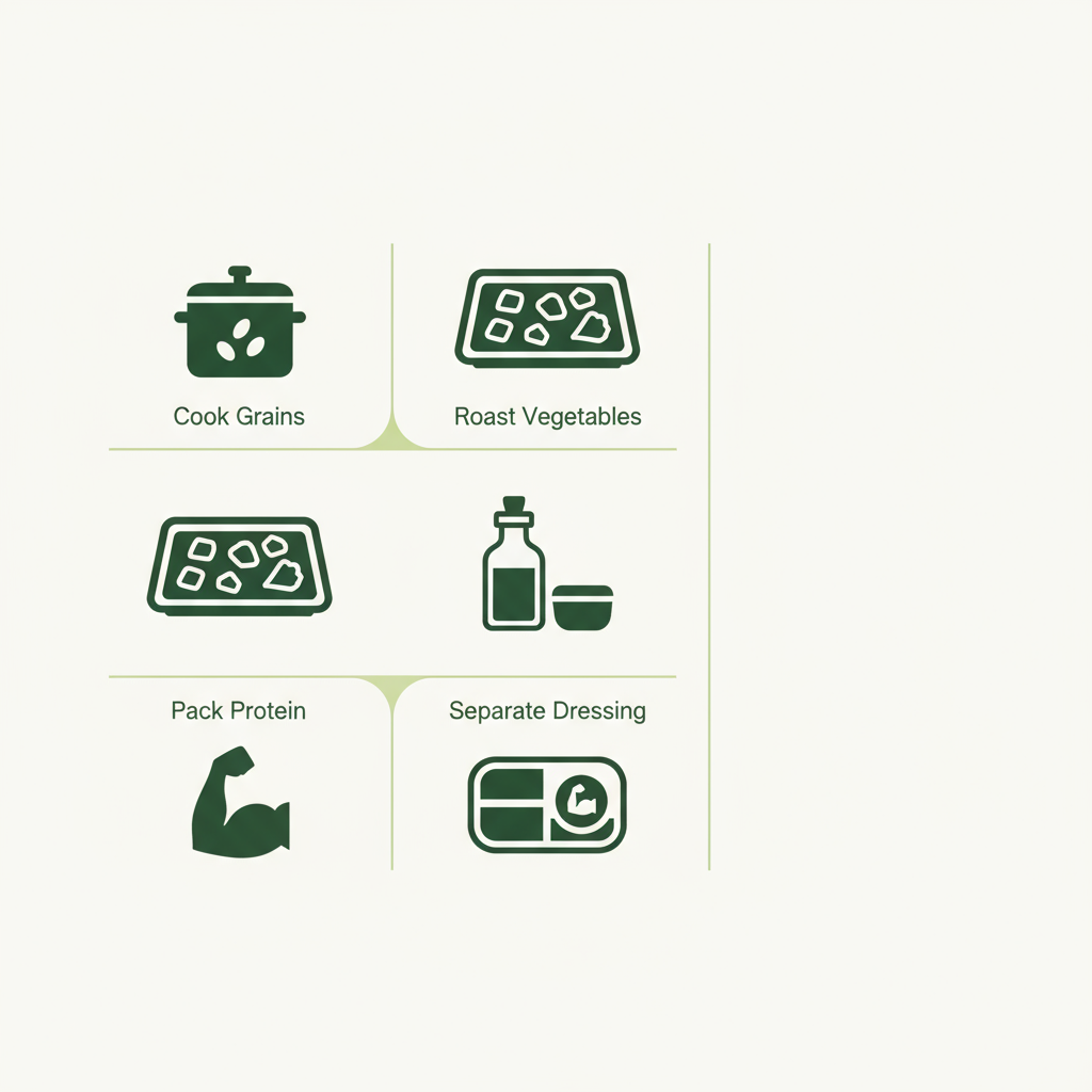 Minimalistische 2D-Infografik mit Vektor-Icons zu Meal-Prep-Schritten (Getreide kochen, Gemüse rösten, Protein packen, Dressing trennen) — Lunchbox Ideen