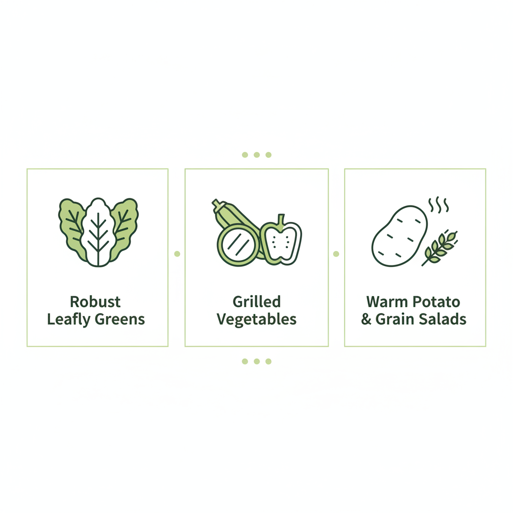 Vektor-Infografik mit drei Icons für robuste Blattköpfe, gegrilltes Gemüse und warme Kartoffel- und Getreidesalate – welcher salat eignet sich zum grillen?