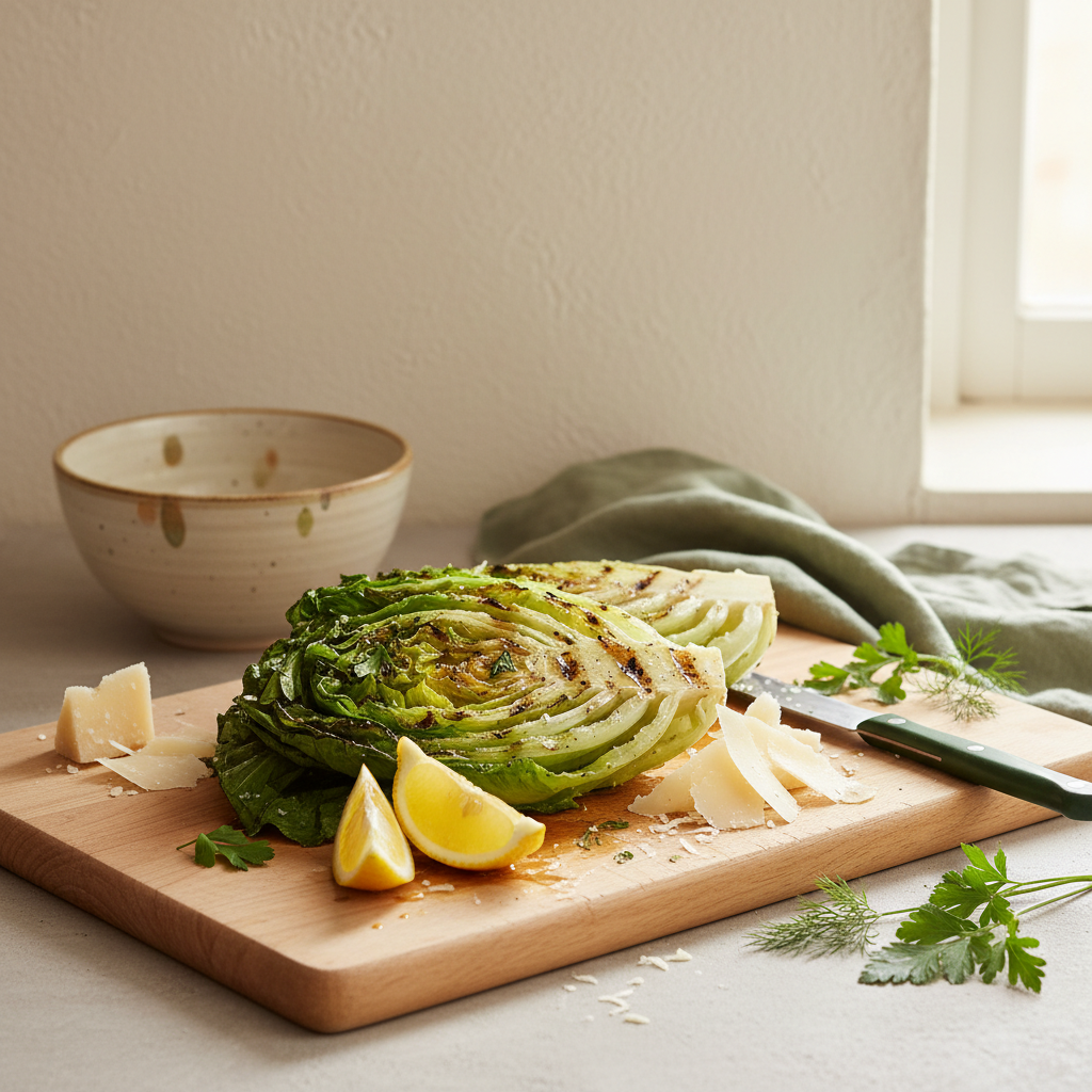 Gegrillte Römersalat‑Hälfte auf Holzbrett mit Zitrone und Parmesan, warme minimalistische Küche – welcher salat eignet sich zum grillen?