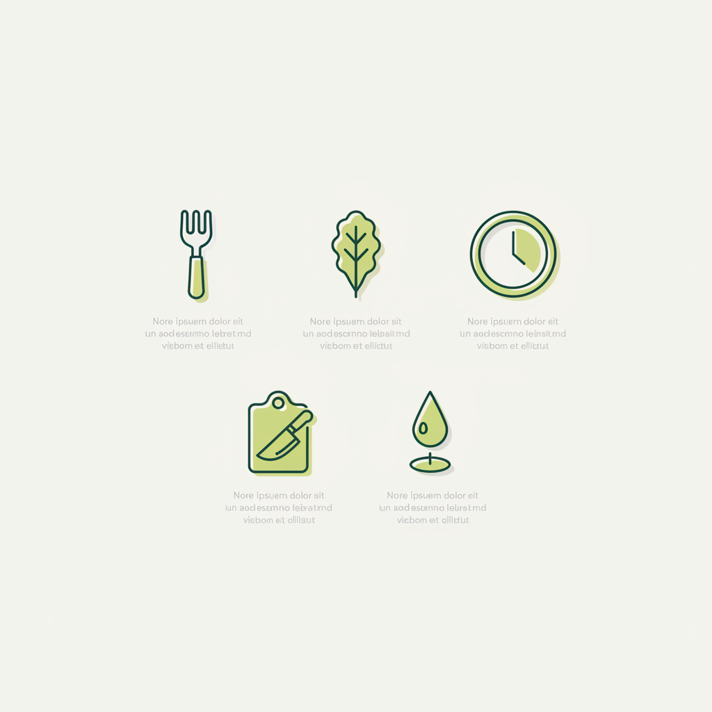 Infografik für beliebteste Salate mit fünf minimalistischen Vektor-Icons (Gabel, Blatt, Uhr) und klaren Symbolen, Hintergrund #dbdbcf, Akzente #a5cd8d.